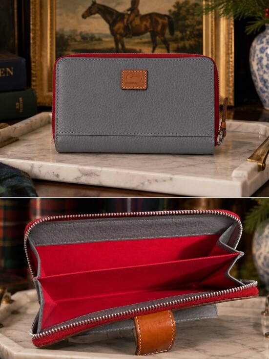 Dooney & Bourke Handbags - Dooney & Bourke Pebble Grain Leather Folded Zip Wristlet Grey Red Cognac EUC